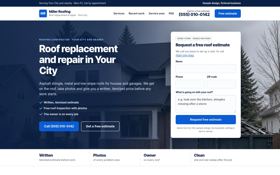 Screenshot of the Miller Roofing sample website