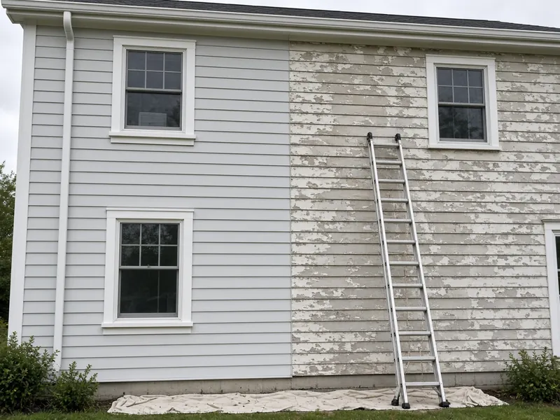 House siding: left half freshly painted light gray, right half old peeling paint, ladder on a drop cloth