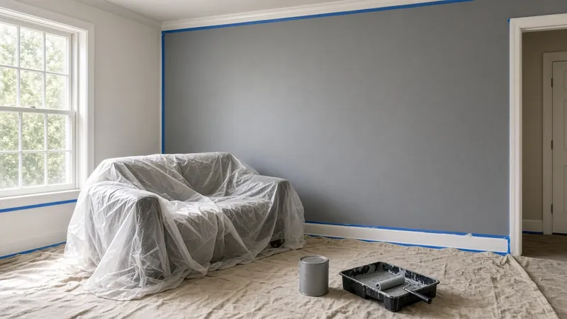 Living room with a freshly painted gray-blue wall, taped trim and a covered sofa
