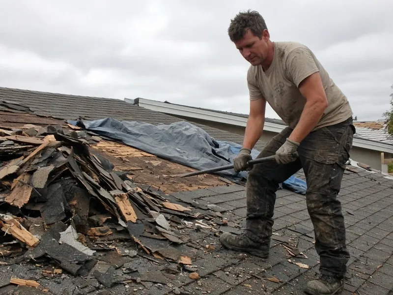 Roofer in work clothes tearing off old shingles on an overcast day