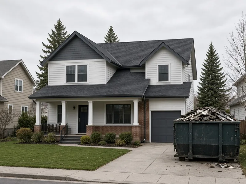 Two-story house with a new dark shingle roof and a dumpster with old roofing in the driveway